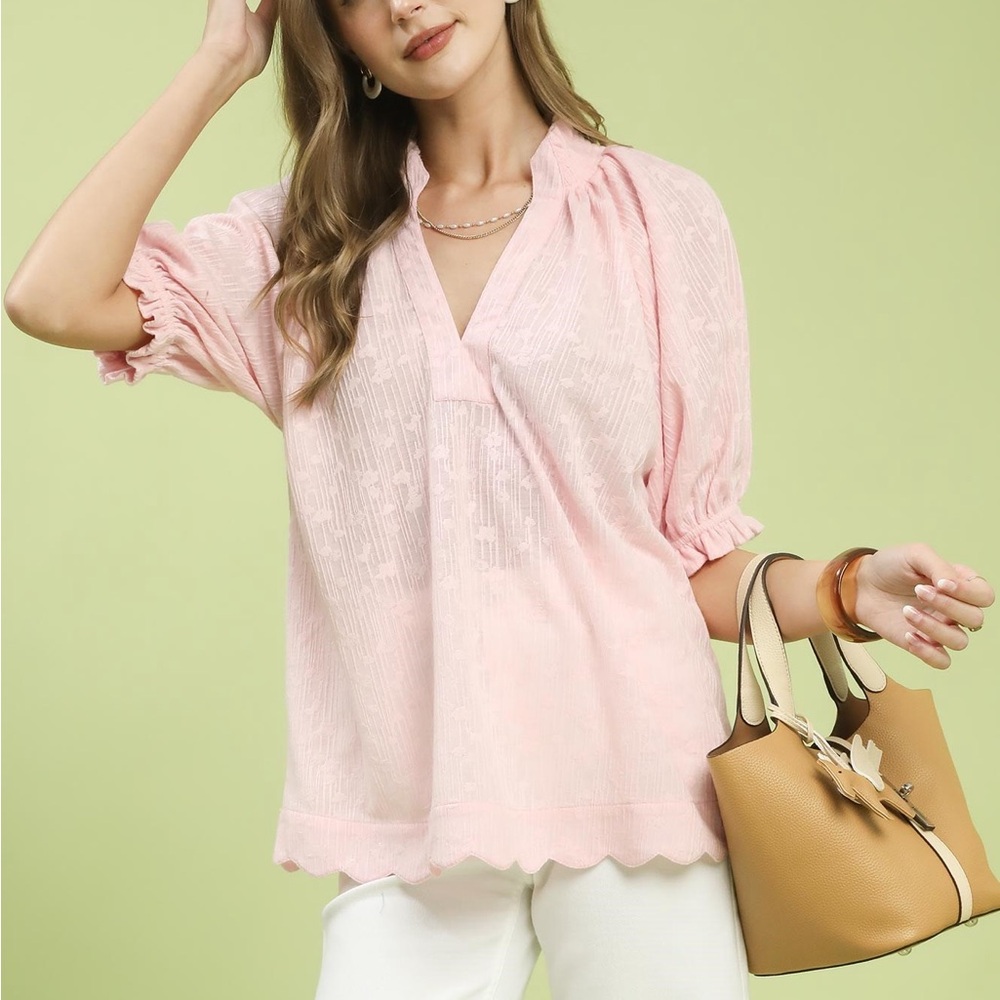 Light Pink V-Neck Puff Sleeve Women's Top